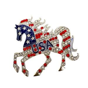 USA Horse Brooch with Red, White, and Blue Accents in Silver Tone
